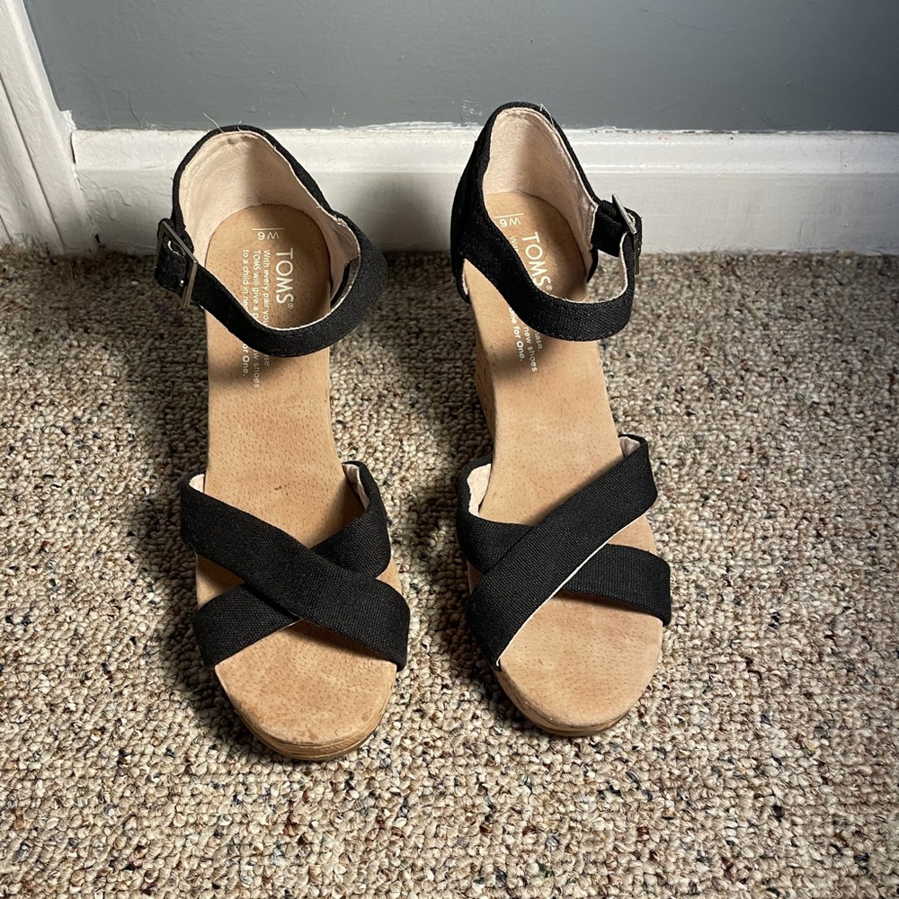 Black Toms Strap Cork Wedge Heels